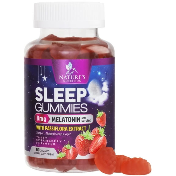 Sleep Gummies for Adults Extra Strength 8mg - Melatonin with Passiflora Extract for Restful Sleep - Fast Acting Melatonin Sleep Gummy Supplement, Vegan, Non-GMO, Tasty Strawberry Flavor - 60 Gummies