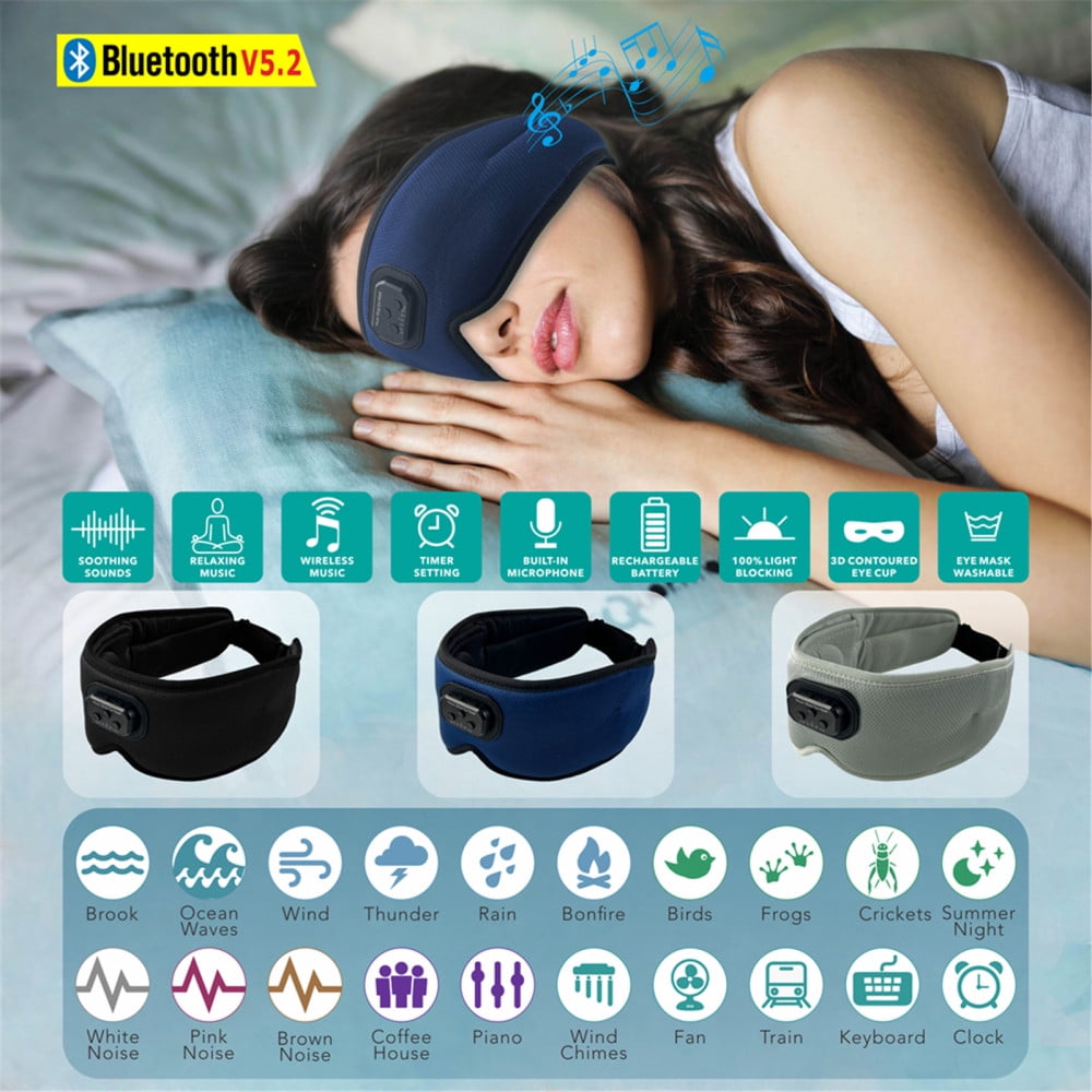 Sleep Headphones Sleeping Eye Mask with Bluetooth 5.2 Headphones White Noise Timer Setting for Side/Back Sleeper Travel Office Relax Gray