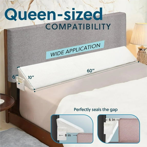 Sleep Jockey Queen Size Bed Wedge Pillow Stopper - Bed Gap Filler(0-8") - Memory Foam Headboard Pillow - Triangle Bloster Pillow Wedge to Fill the Gap Between Headboard and Mattress (60''x10"x6")