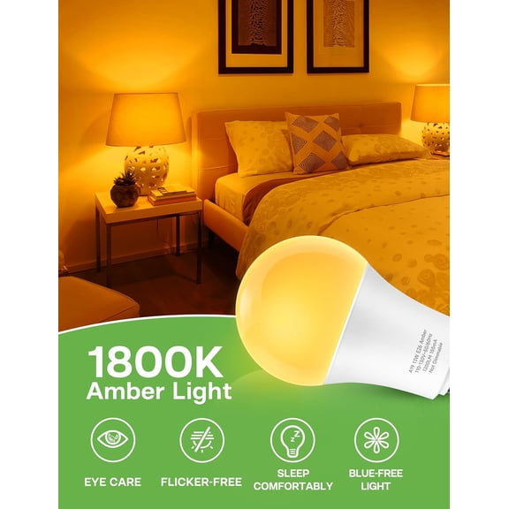 Sleep Light Bulb 100 Watt Equivalent 13W, Blue Light Blocking, 1800K Amber Color Light Bulbs, A19 Warm Light Bulb for Healthy Sleep and Baby Nursery Kids Bedroom, 2 Pack