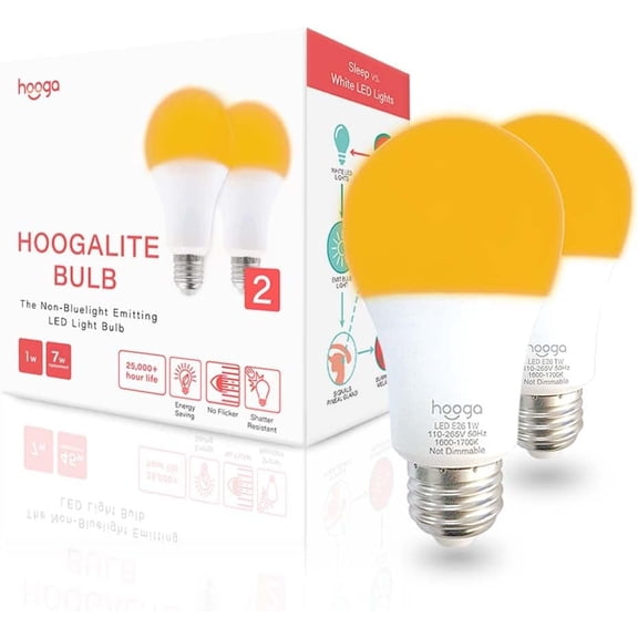 Sleep Light Bulb, Amber Light Bulbs for Sleep Therapy, Blue Light Blocking, 1600K Dim Light Bulbs 7W Equivalent, Mood Soothing Light, E26 A19 Warm Light Bulbs for Bedroom, Nursery, 2 Pack.