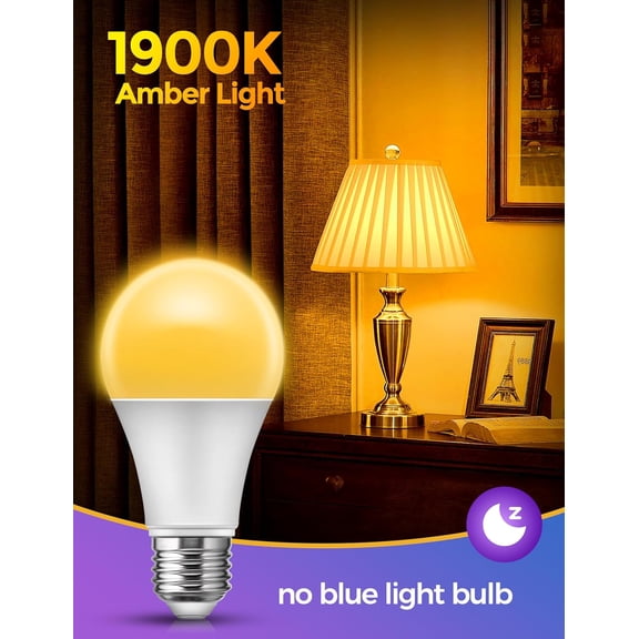 Sleep Light Bulb, Amber Light Bulbs for Sleep Therapy, Blue Light Blocking, 1900K Dim Light Bulbs 60W Equivalent, Mood Soothing Light, E26 A19 Warm Light Bulbs for Bedroom, Nursery, 2 Pack