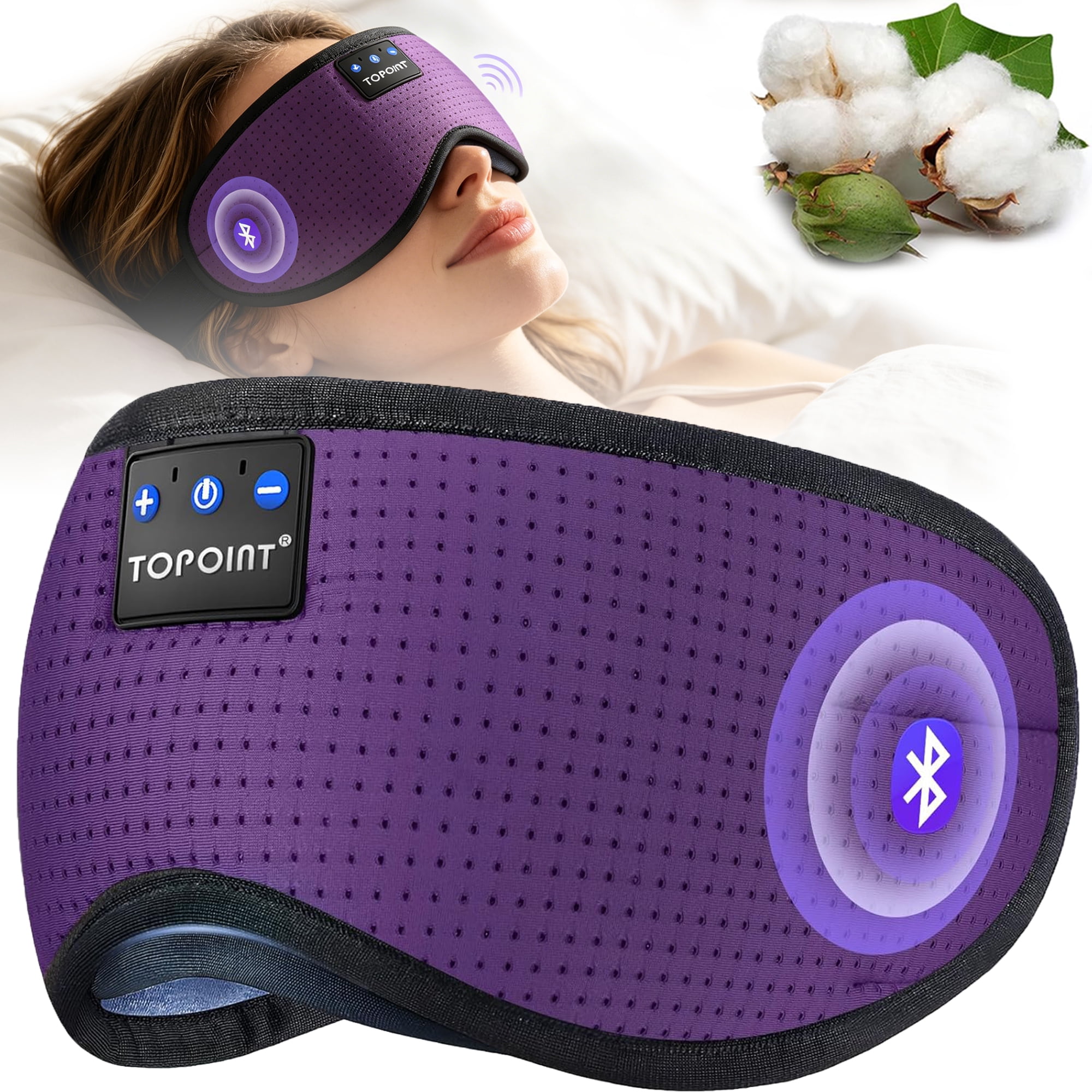 Sleep Mask, Bluetooth Eye Mask Bluetooth, TOPOINT Breathable Cotton Sleep Headphones for Sleeping Side Sleepers Travel Meditation Music Headsets with Microphone Handsfree Men Women, Purple