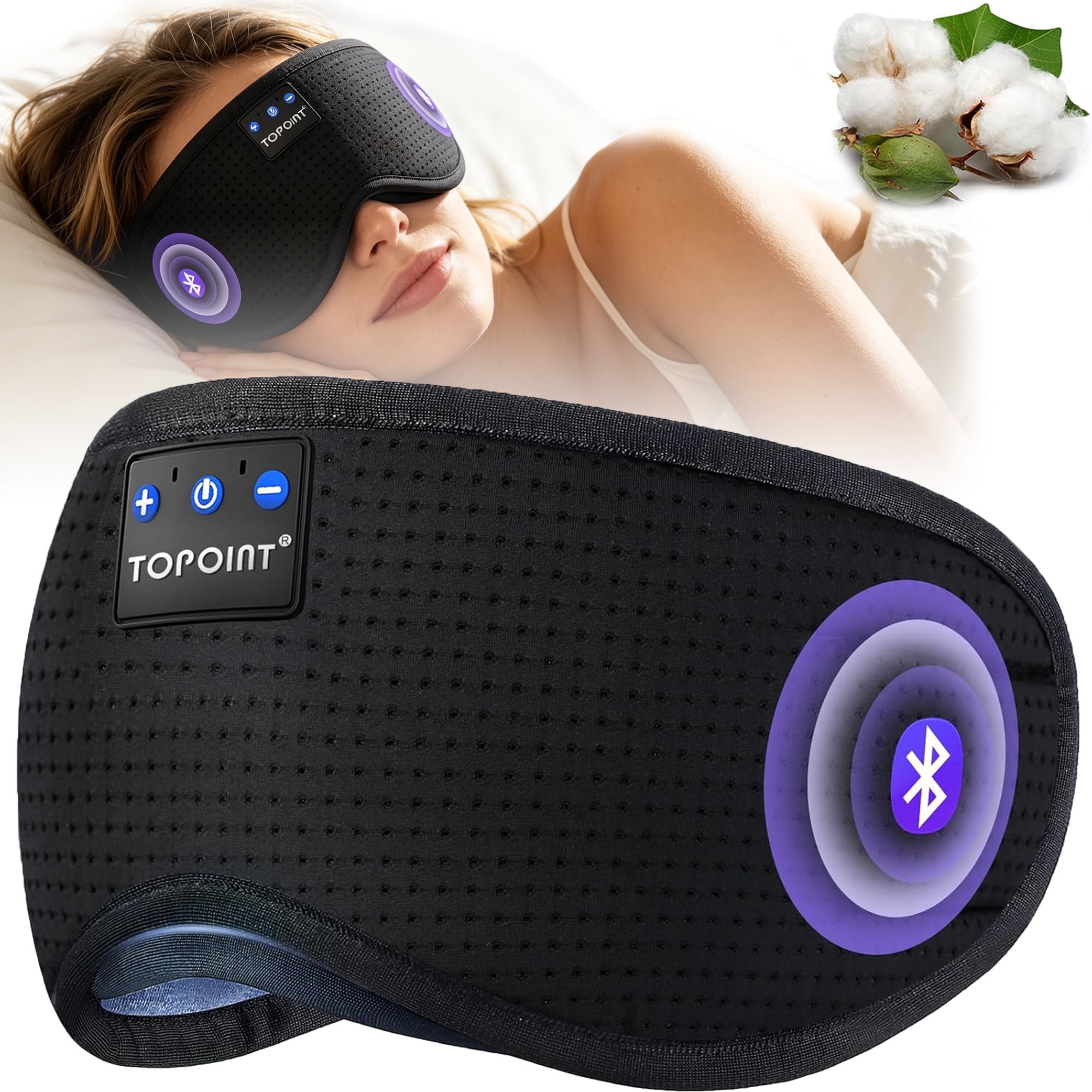 Sleep Mask, Bluetooth Eye Mask Bluetooth, TOPOINT Breathable Cotton Sleep Headphones for Sleeping Side Sleepers Travel Meditation Music Headsets with Microphone Handsfree Men Women, Black