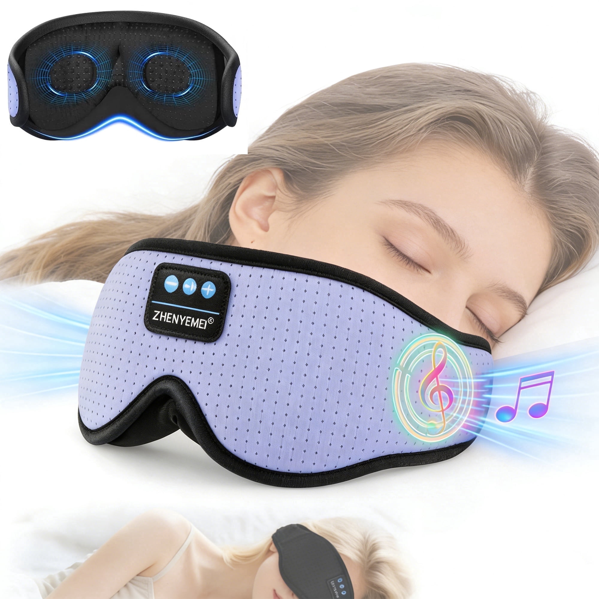 Sleep Mask with Bluetooth Wireless Music, Sleep Headphones with Timer, 3D Blackout Sleep Mask with Adjustable Straps for Side Sleepers, Wireless Music Eye Mask Speakers for Men Women,Purple