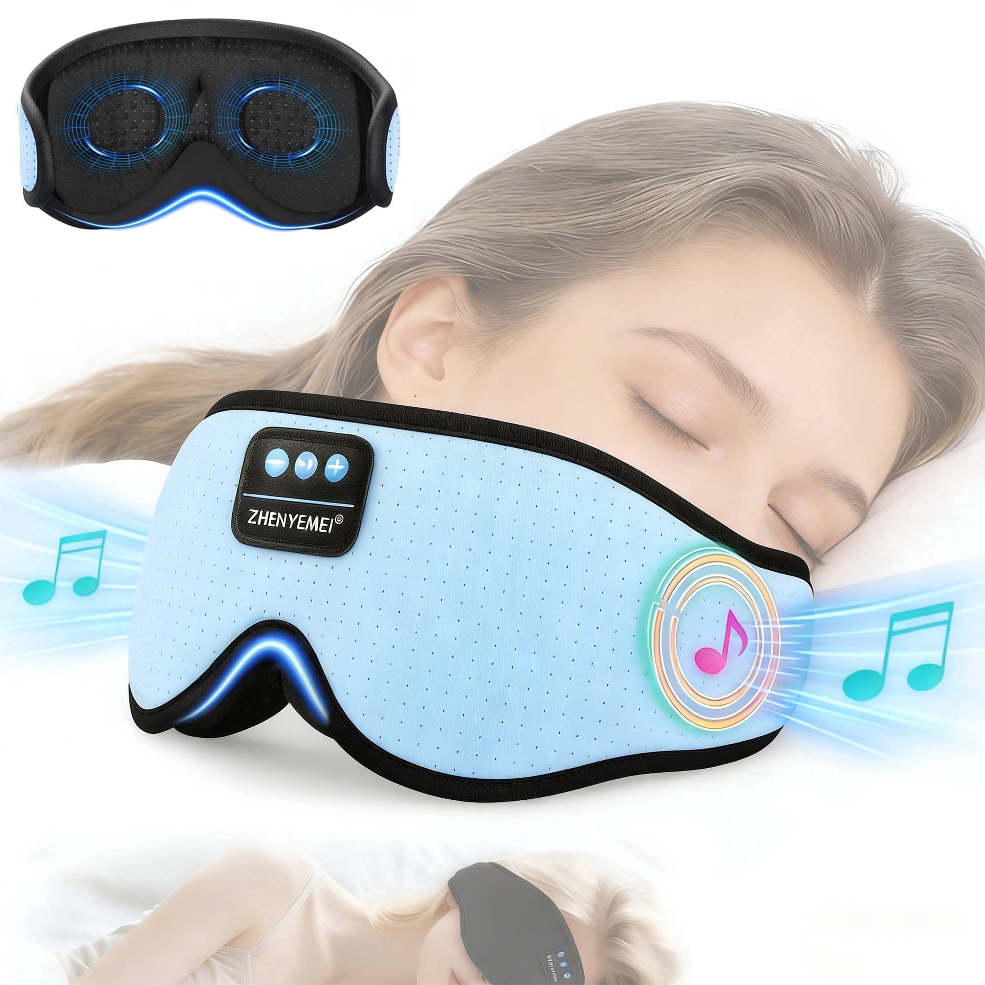 Sleep Mask with Bluetooth Wireless Music, Sleep Headphones with Timer, 3D Blackout Sleep Mask with Adjustable Straps for Side Sleepers, Wireless Music Eye Mask Speakers for Men Women, Blue