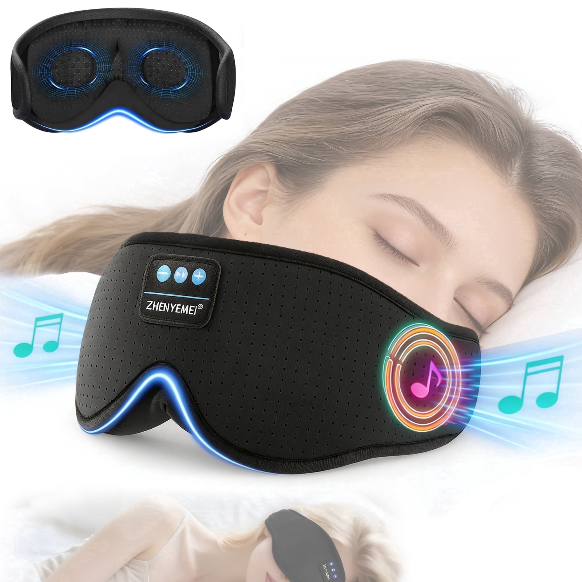 Sleep Mask with Bluetooth Wireless Music, Sleep Headphones with Timer, 3D Blackout Sleep Mask with Adjustable Straps for Side Sleepers, Wireless Music Eye Mask Speakers for Men Women