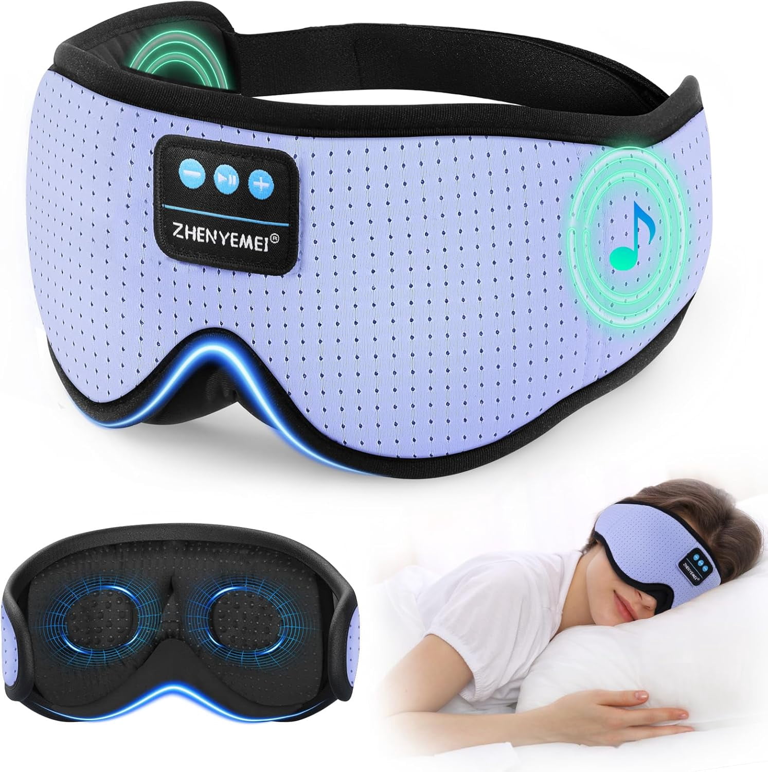 Sleep Mask with White Noise, 3D Bluetooth Sleep Headphones with Timer, Blocking Eye Mask for Sleeping, Travel, Meditation - Purple