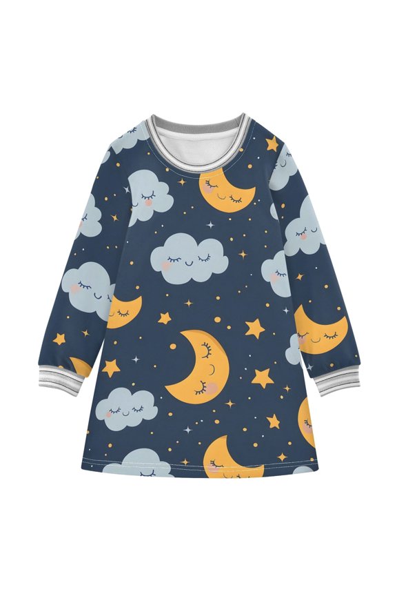 Sleep Moon and Cloud Pattern Girls'long-sleeved dress Thickened A-dress Warm Dress Basic Shirt Party Dresses