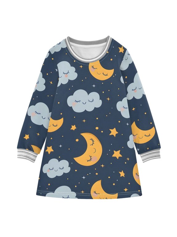 Sleep Moon and Cloud Pattern Girls'long-sleeved dress Thickened A-dress Warm Dress Basic Shirt Party Dresses
