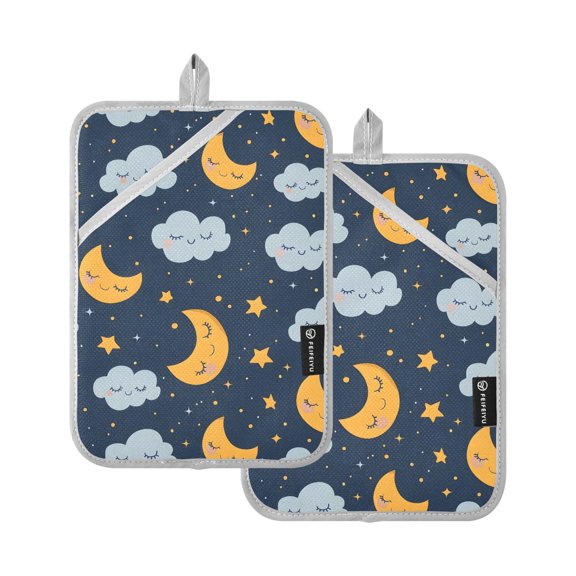 Sleep Moon and Cloud Pattern Pot Holder Set 2 Piece Non-Slip Oven Hot Pads Heat Resistant Durable 7x9.8in