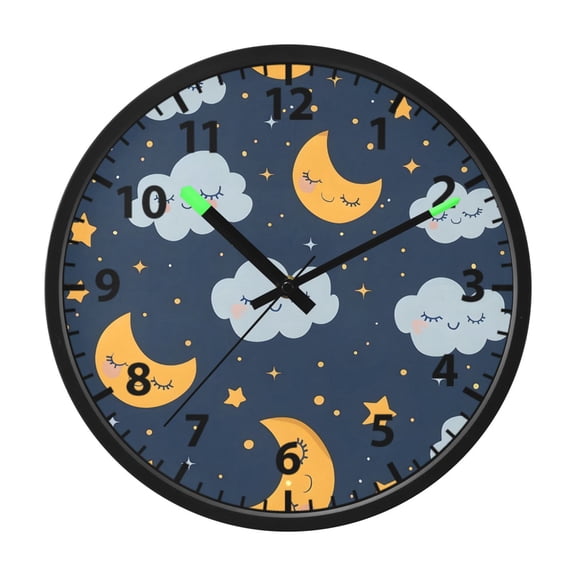 Sleep Moon and Cloud Pattern Wall Clock 12 Inch Voice Activated Night Light Silent Non Ticking