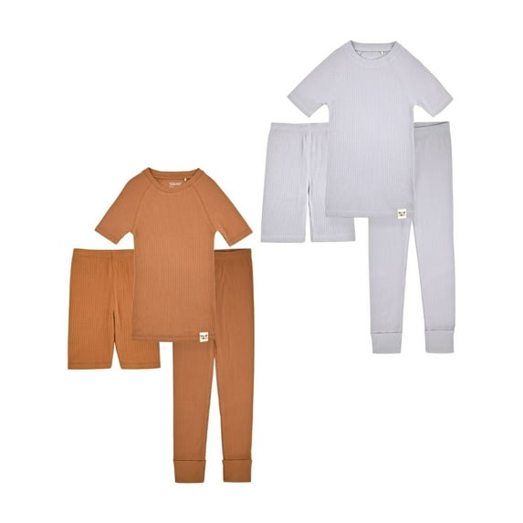 Sleep On It 100% Organic Cotton Rib Knit Snug-Fit 6-Piece Pajama Sets for Boys & Girls, Brown & Grey, Size 2T