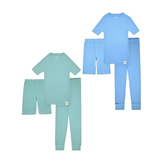 Sleep On It 100% Organic Cotton Rib Knit Snug-Fit 6-Piece Pajama Sets for Boys & Girls, Green & Light Blue, Size 4T