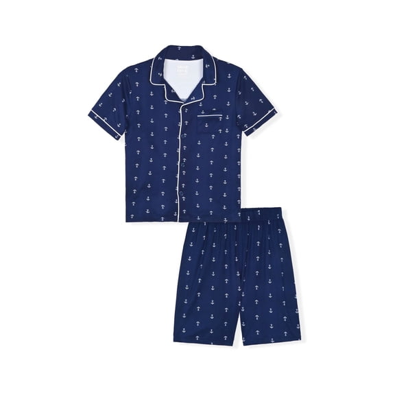 Sleep On It Boys 2-Piece Milky Jersey Short-Sleeve Button Down Collared Coat Pajama Set - Nautical , 6-7