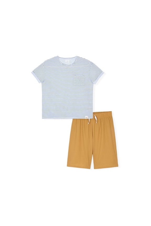 Boys 2-Piece Pajama Set - Short-Sleeve Jersey Tee and Waffle Thermal Shorts - White Stripe , 12-14