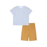 Sleep On It Boys 2-Piece Pajama Set - Short-Sleeve Jersey Tee and Waffle Thermal Shorts - White Stripe , 8-10