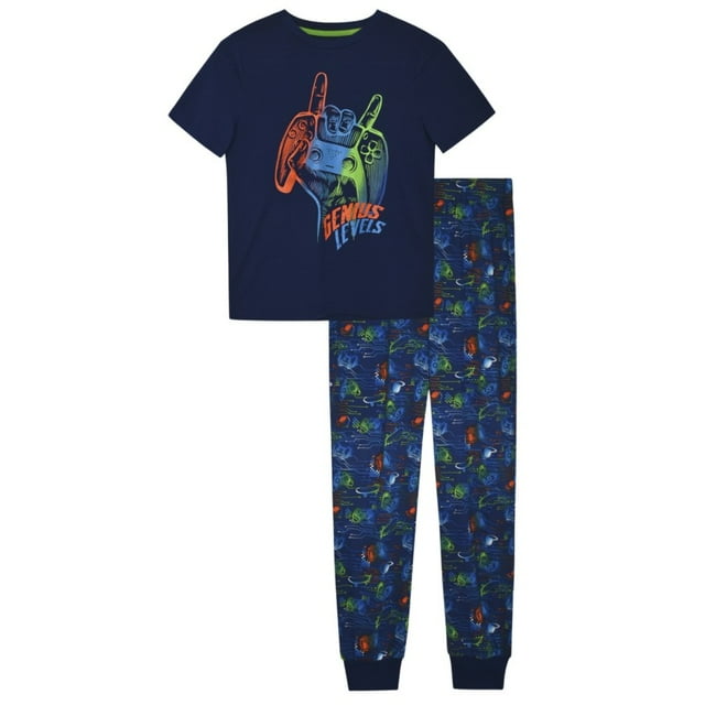 Sleep On It Boys 2Piece ShortSleeve Jersey Pajama Pants Set Gamer Blue, Green, & Orange