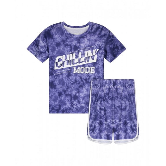 Sleep On It Boys 2-Piece Short-Sleeve Jersey Pajama Shorts Set - Glow in the Dark Chillin Mode - Blue, Size: M 8/10