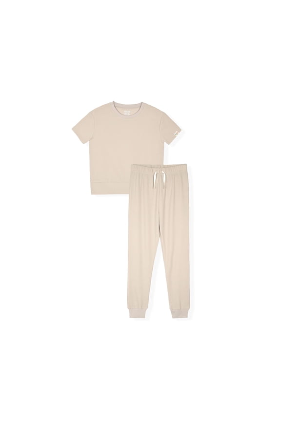 Boys 2-Piece Textured Jersey Short-Sleeve Jersey Pajama Pants Set - Taupe , 12-14
