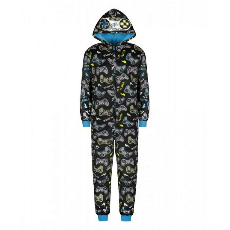 Sleep On It Boys Gamer Zip Up Hooded Sleeper Pajama with Built Up