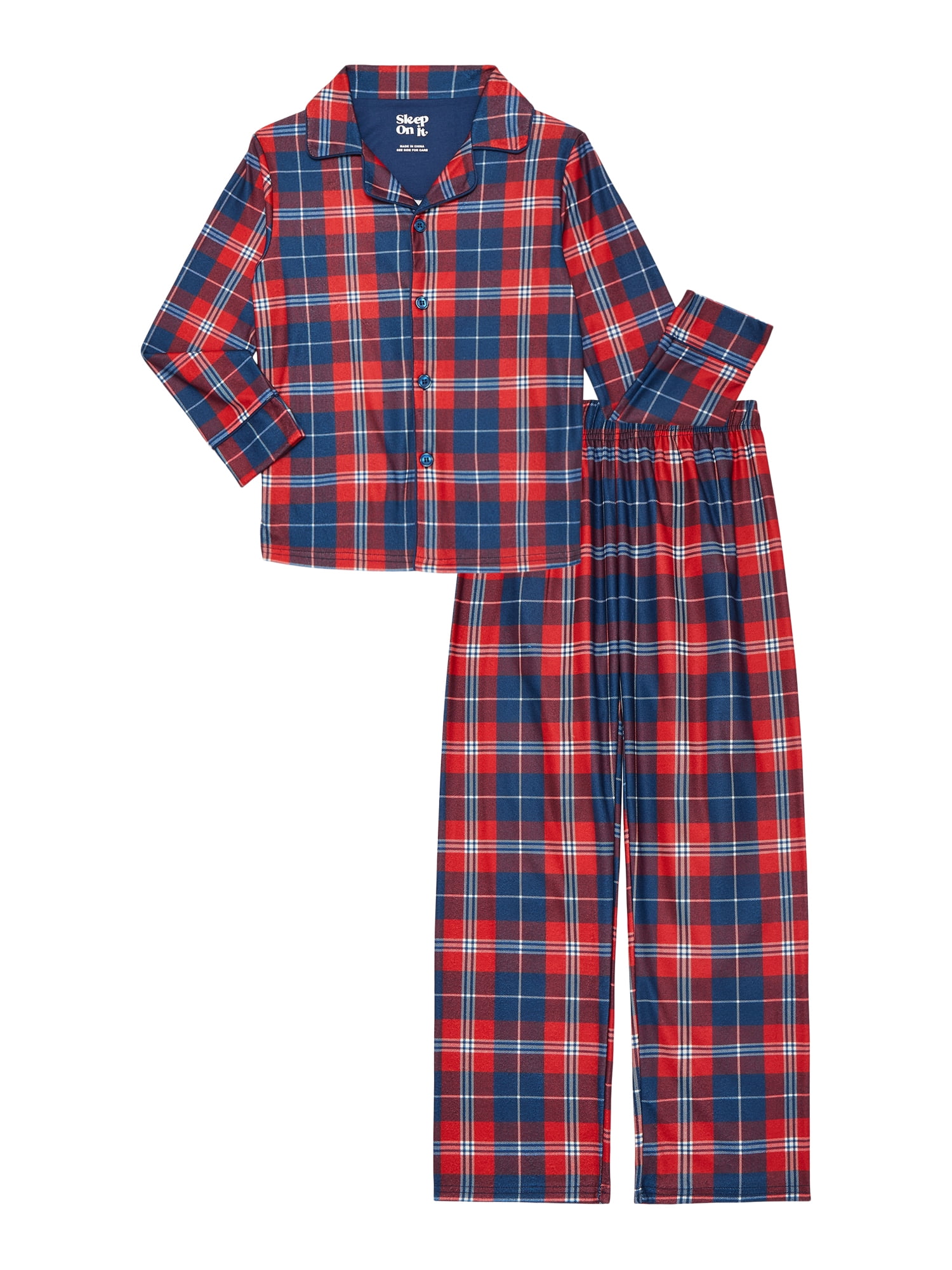 Sleep On It Boys Long Sleeve Button Down Top and Pants Pajama Set, 2-Piece, Sizes 6-14