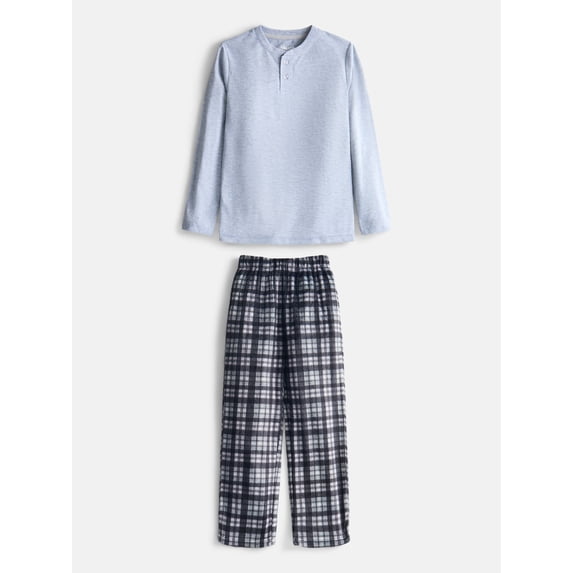 Sleep On It Boys' Henley Shirt and Plaid Pants Pajama Set, 2-Piece, Sizes 4-10