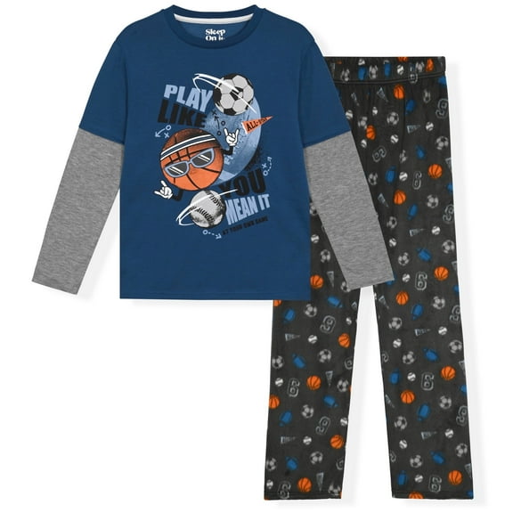 Sleep On It Boys Long-Sleeved 2- Piece Soft Fleece Pajama Sleep Set - Sports, 12-14