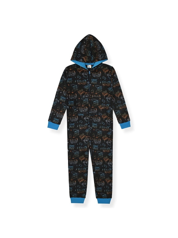 Boys Long-Sleeved Zip-Up Hooded Sleeper Pajama - Game Over, 12-14