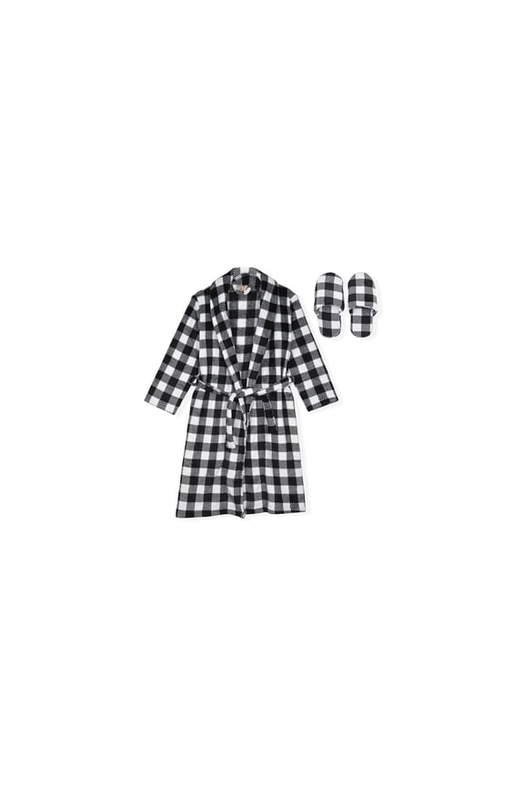 Boys Plush Flannel Fleece Collar Robe Set with Matching Slippers - Checks, 12-14