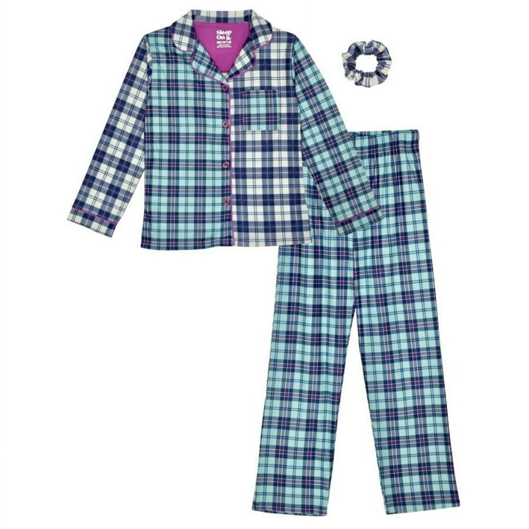 Sleep On It Girls 2 Piece Brushed Jersey Button Front Coat Pajama Set Plaid with Matching Scrunchie Multicolored Girls Pajama Set Size L 14 16