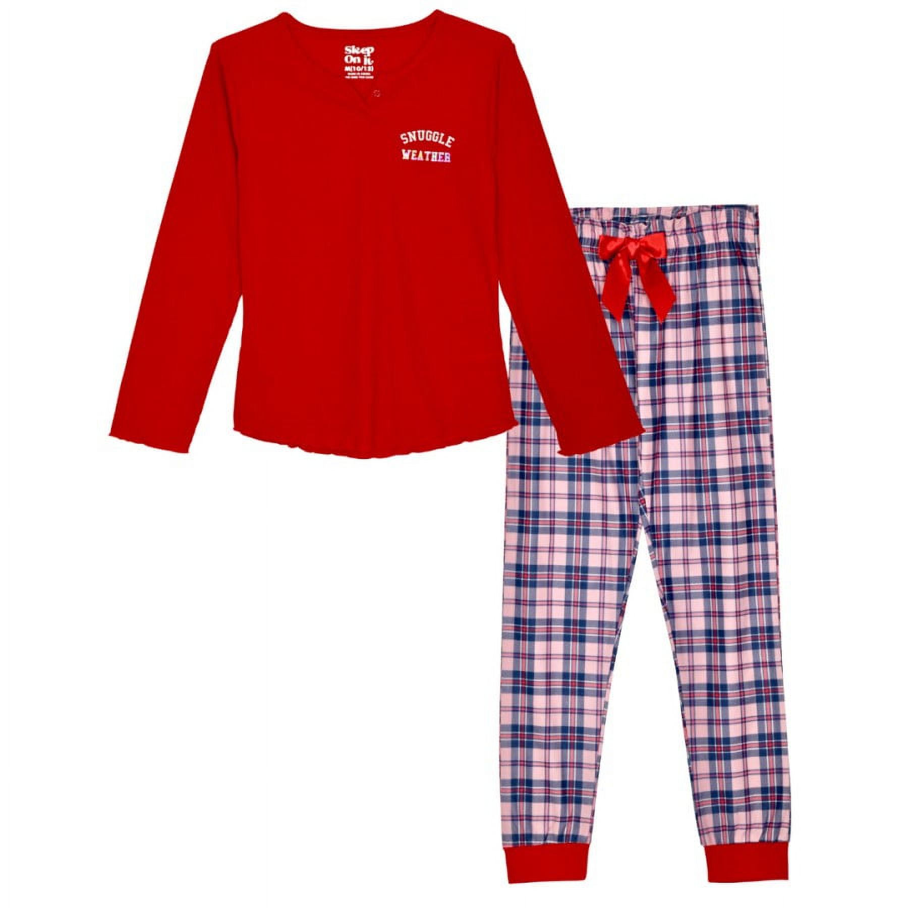 Sleep On It Girls 2Piece Brushed Jersey Pajama Set Snuggle, Red & Pink Pajama Set for Girls