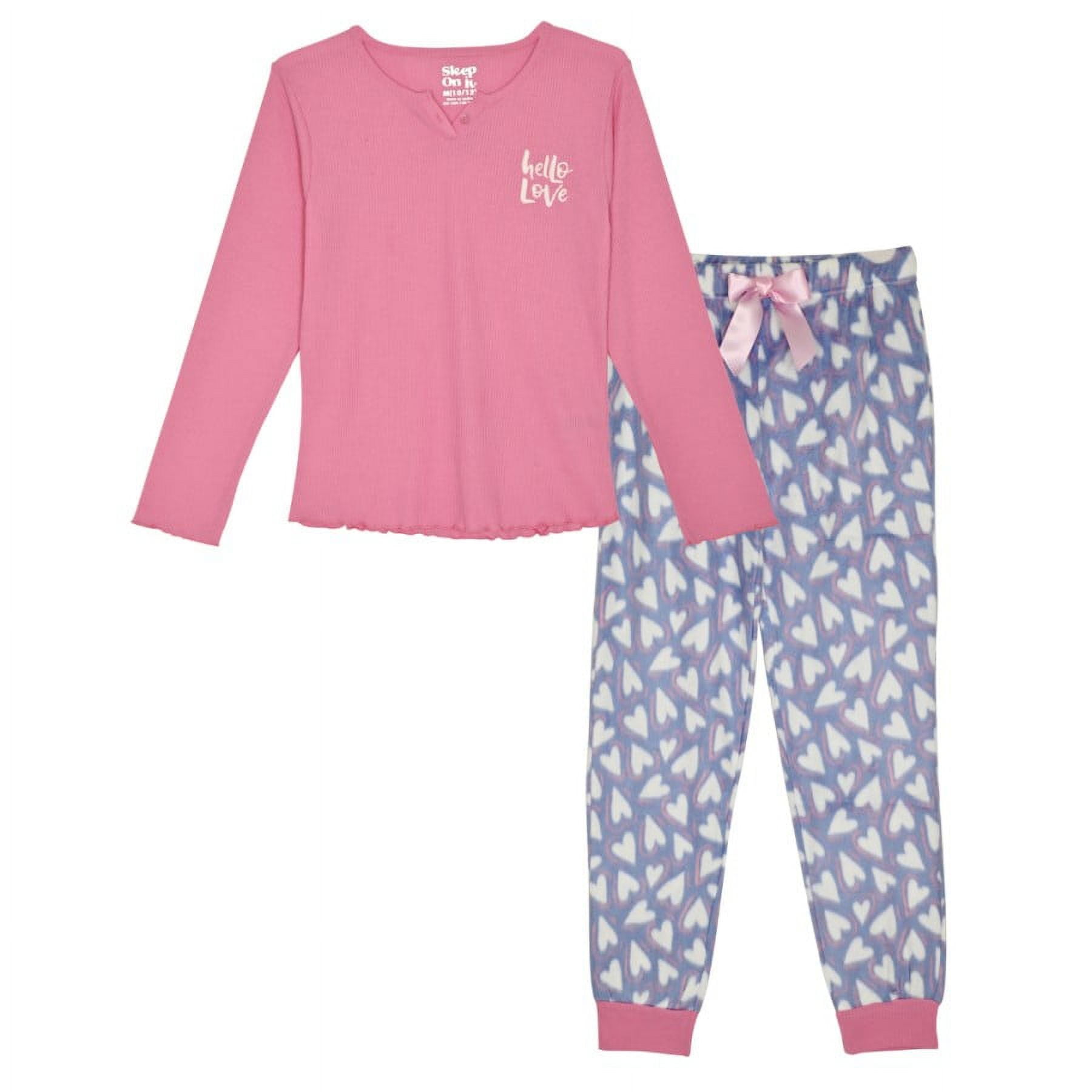 Sleep On It Girls 2Piece Fleece Pajama Sets Hello Love, Pink & Blue Pajama Set for Girls, Size