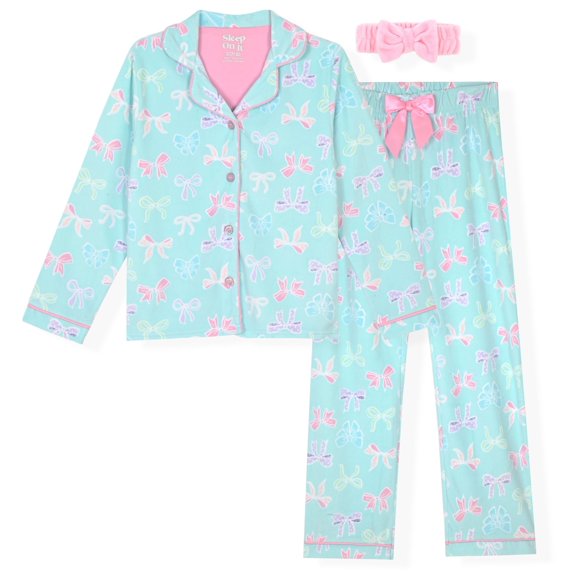 Sleep On It Girls 2-Piece Long-Sleeve Button-Up Pajama Set with Plush Headband Gift, Big Bows, 4