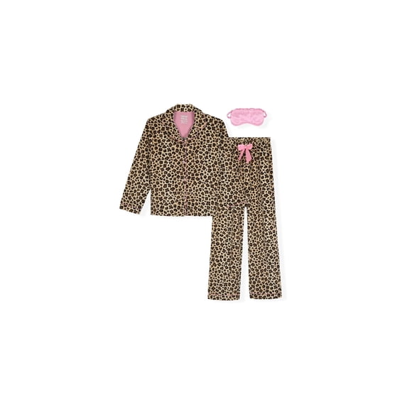 Sleep On It Girls 2-Piece Long-Sleeve Button-Up Pajama Set with Plush Headband Gift, Cheetah, 10-12