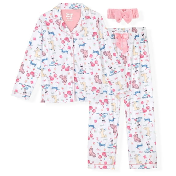 Sleep On It Girls 2-Piece Long-Sleeve Button-Up Pajama Set with Plush Headband Gift, Puppies, 7-8