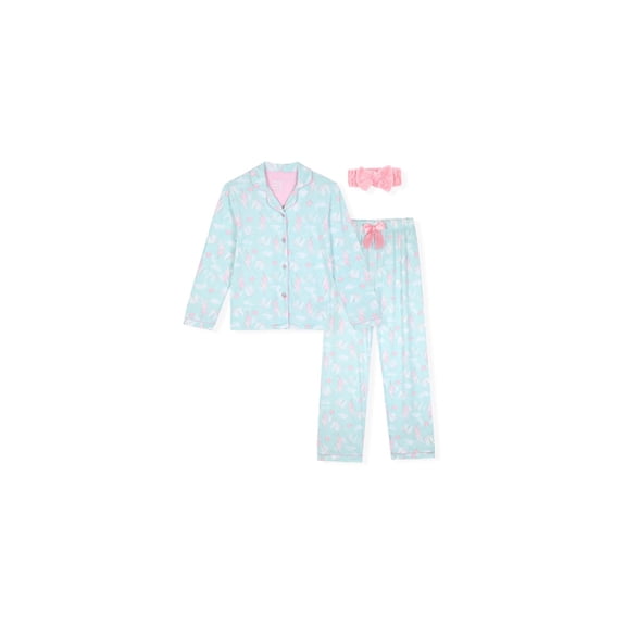 Sleep On It Girls 2-Piece Long-Sleeve Button-Up Pajama Set with Plush Headband Gift, Unicorn, 6X
