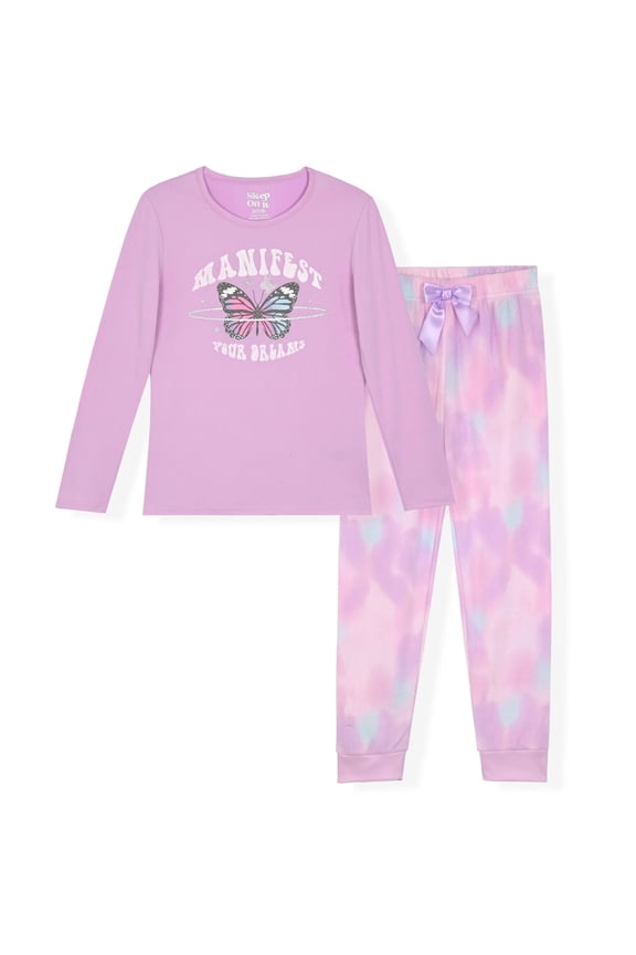 Girls 2-Piece Long Sleeved Fleece Pajama Sets - Butterfly, 10-12