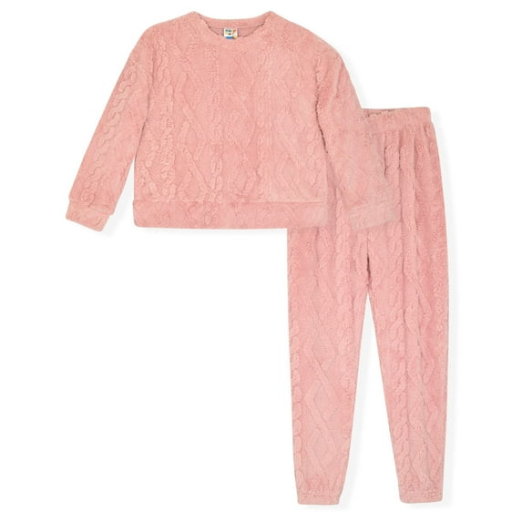 Sleep On It Girls 2-Piece Novelty Furry Fleece Pajama Pant Sleep Set - Cable Knit , 10-12