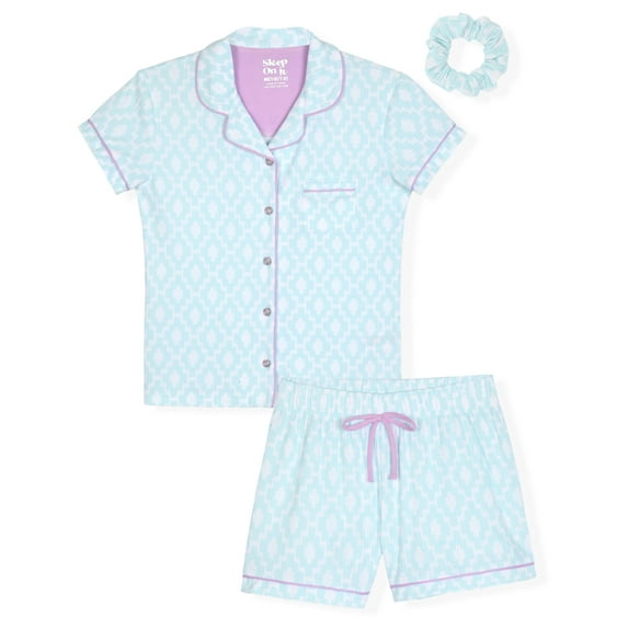 Sleep On It Girls 2-Piece Short-Sleeve Button Down Collared Coat Pajama Set with Matching Scrunchie - Turquoise , 10-12