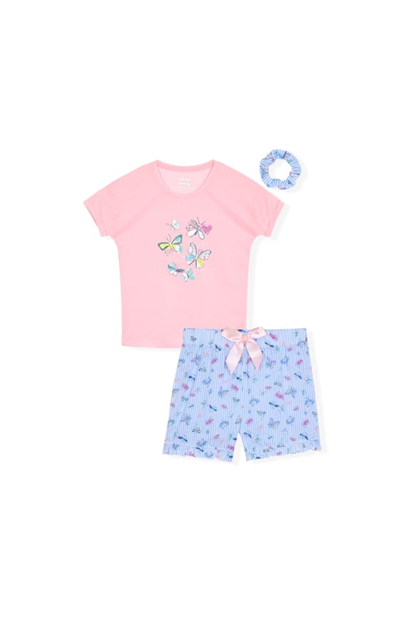 Girls 2-Piece Short-Sleeve Jersey Pajama Shorts Set with Matching Hair Scrunchie - Butterfly , 10-12