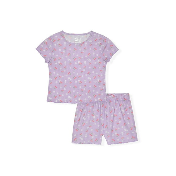 Sleep On It Girls 2-Piece Short Sleeve Pajama Shorts Set Ribbed Milky Jersey or Pointelle Knit - Cherries , 10-12