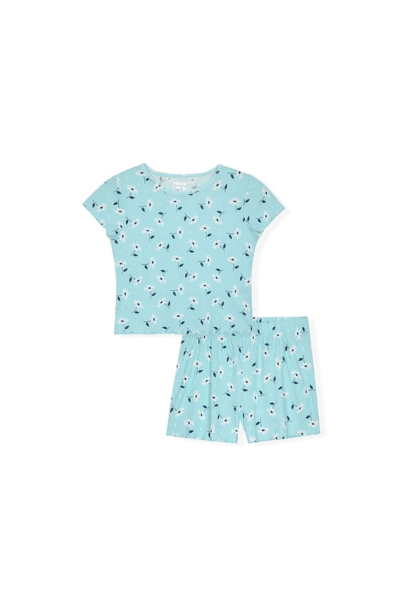 Girls 2-Piece Short Sleeve Pajama Shorts Set Ribbed Milky Jersey or Pointelle Knit - Floral , 10-12
