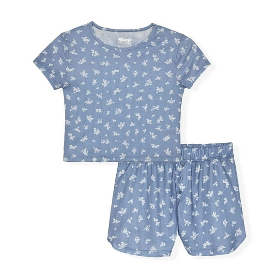 Sleep On It Girls 2-Piece Short Sleeve Pajama Shorts Set Ribbed Milky Jersey or Pointelle Knit - Floral , 14-16