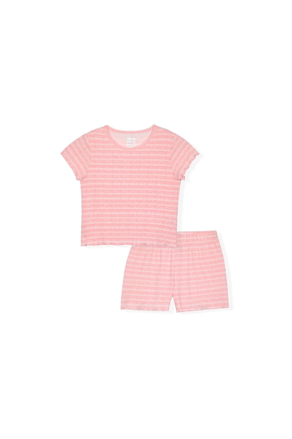 Girls 2-Piece Short Sleeve Pajama Shorts Set Ribbed Milky Jersey or Pointelle Knit - Pink Stripe , 14-16
