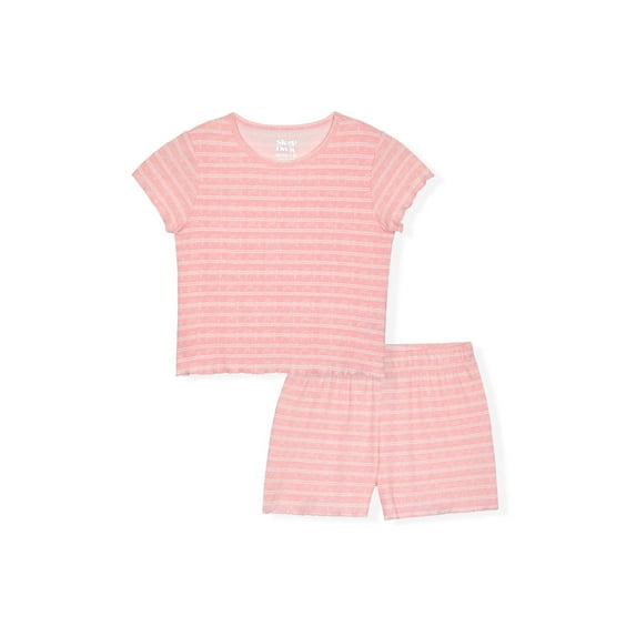 Sleep On It Girls 2-Piece Short Sleeve Pajama Shorts Set Ribbed Milky Jersey or Pointelle Knit - Pink Stripe , 7-8