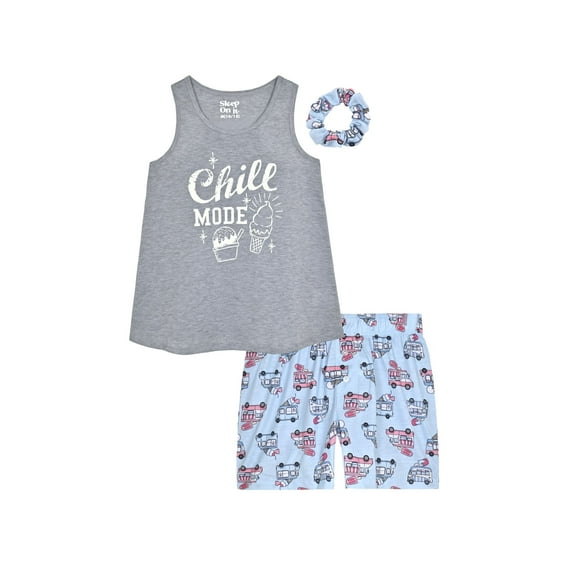 Sleep On It Girls 2-Piece Sleeveless Tank-Top Jersey Pajama Shorts Set with Matching Hair Scrunchie - Chill Mode - Grey, Size: S 7/8