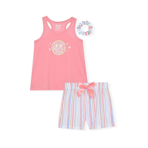Sleep On It Girls 2-Piece Sleeveless Tank-Top Jersey Pajama Shorts Set with Matching Hair Scrunchie - Disco , 10-12