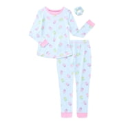 Sleep On It Girls Fitted Long Sleeve Top and Pants Pajamas with Scrunchie Set, 3-Piece, Sizes 4-14