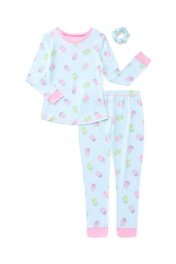 Girls Fitted Long Sleeve Top and Pants Pajamas with Scrunchie Set, 3-Piece, Sizes 4-14